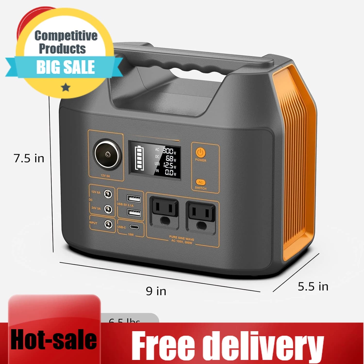 Generatore Solare Portatile da 300W per Casa, Power Bank da 296Wh con Doppia Presa AC a Onda Sinusoidale Pura, Batteria al Litio da 80000mAh