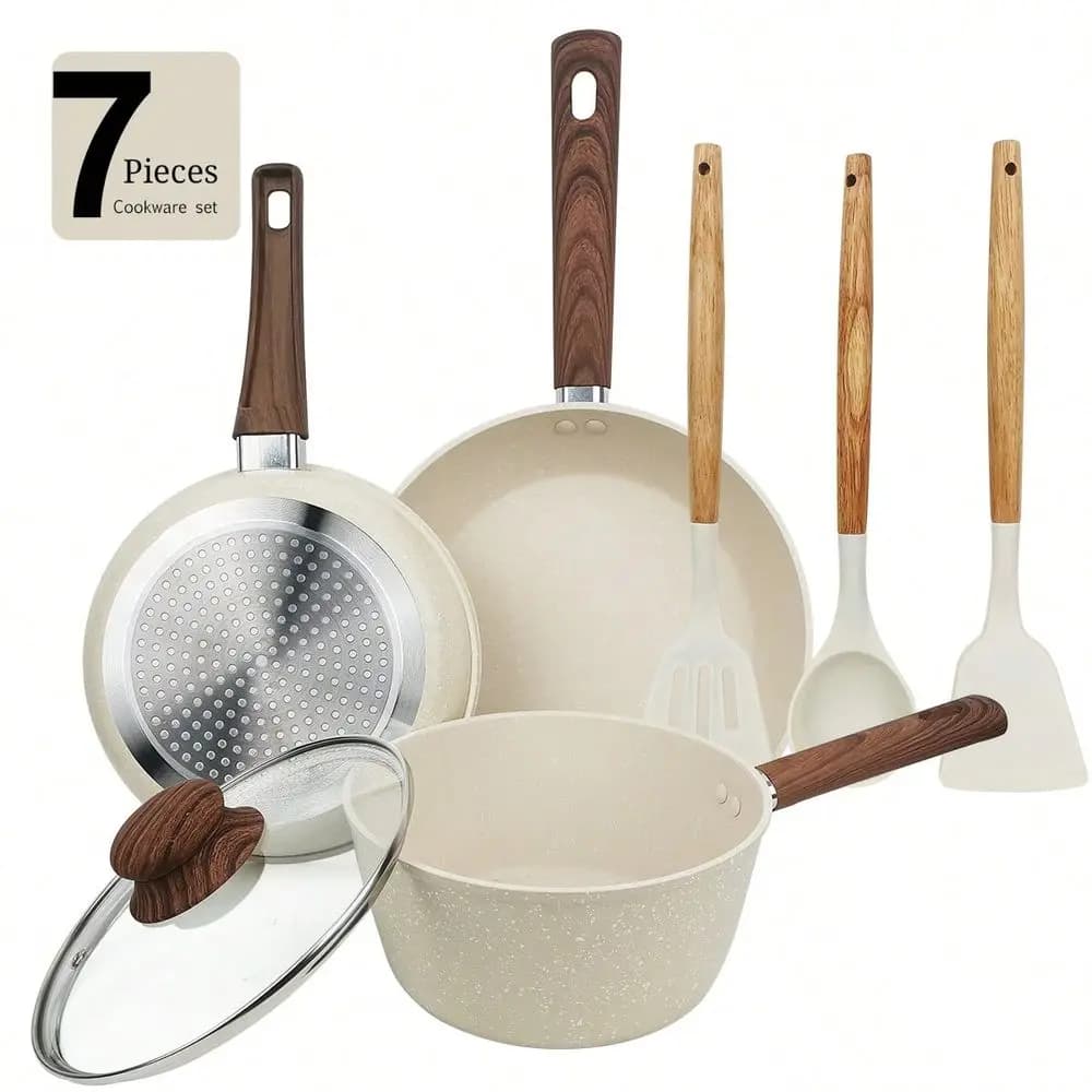 Pots And Pans Set Of 7 With 9.8inch Deep Frying Pan, 8.3inch Sauce Pan,2.2QT Stock Pot With Lid, Nonstick Cookware Sets, W