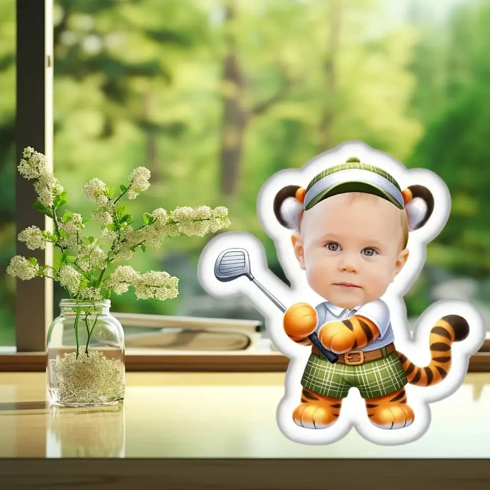 Mini cuscino in peluche personalizzato con stile cartone animato e design con piccola tigre, cuscino con motivo cartoon con volto personalizzato, immagine personalizzata