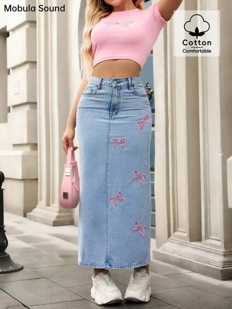 Gonna midi in denim bodycon ricamata con fiocco rosa per donna