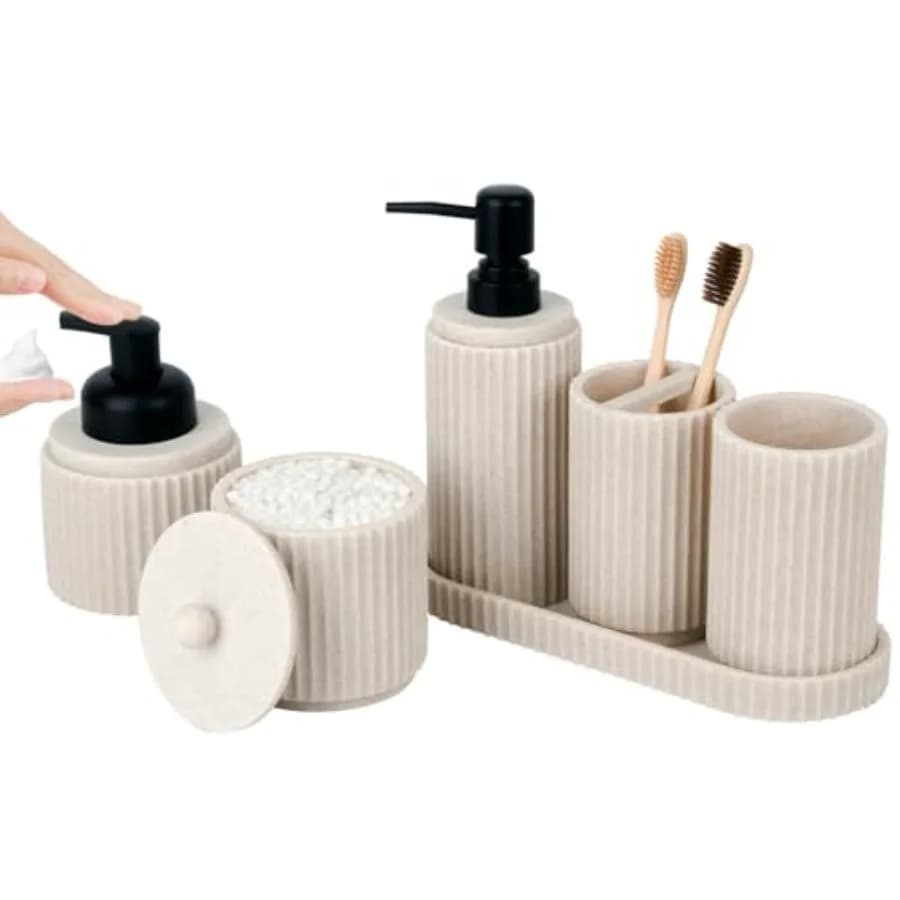 Set di Accessori per il Bagno - 6 Pezzi: Portaspazzolino, Dispenser per Lozione e Sapone Schiumogeno, Porta Cotonetti, Vassoio da Bagno, Portaoggetti da Bagno