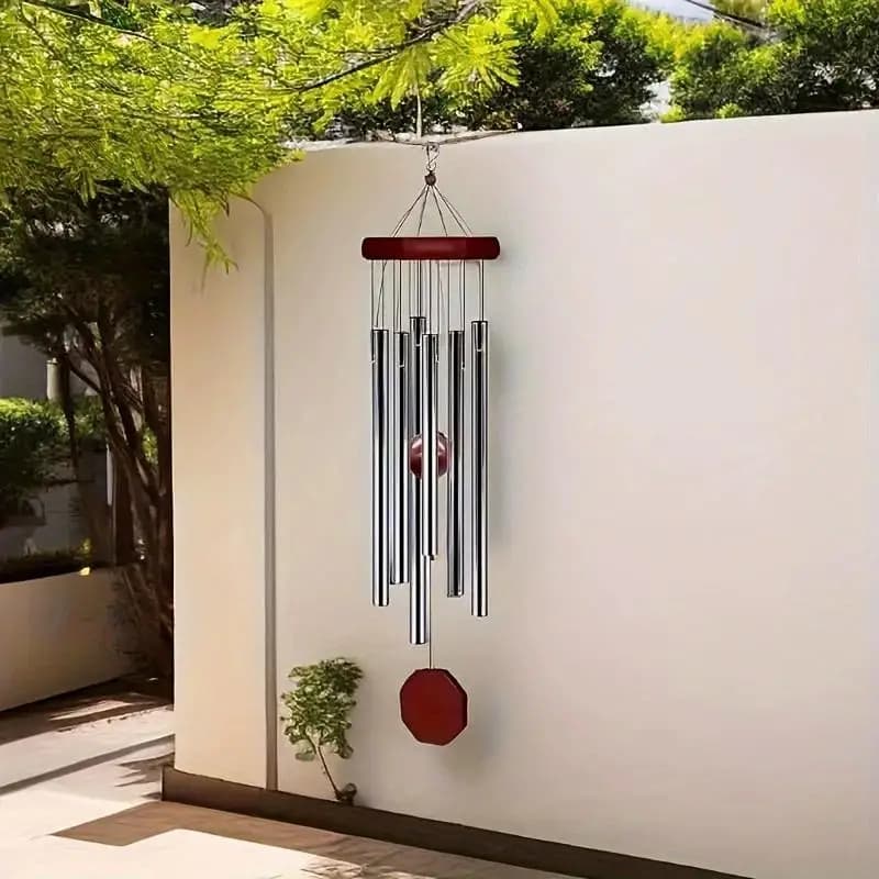 1Pc Retro Red Wood Aluminum Pipes Wind Chime Octagonal Wood Hang Tag 6 Metal Tubes Courtyard Corridor Balcony Decor