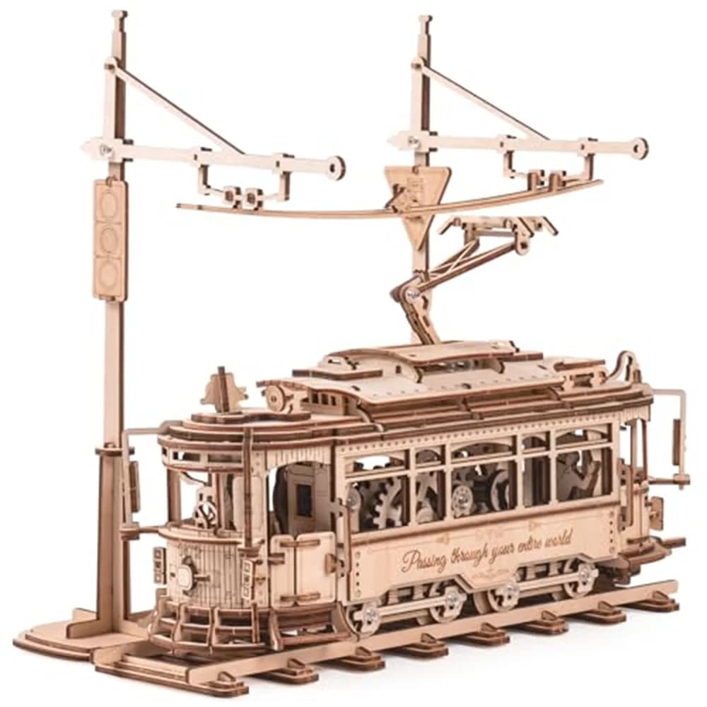 Robotime 3D Wood Puzzle Gear Drive Tram Construction Kit of Mechanical Models DIY Gifts Classic City Tram for Kids Teenagers