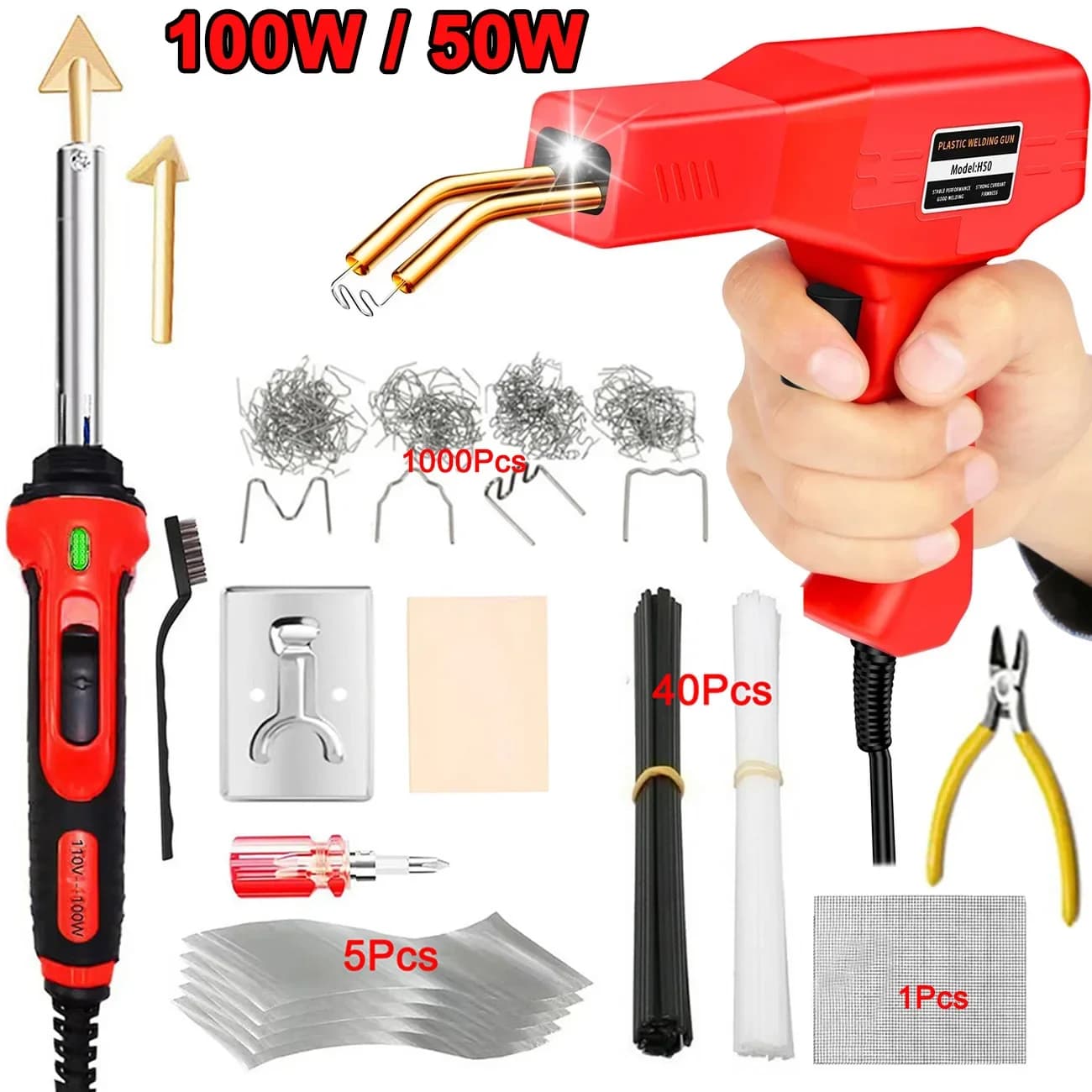Kit saldatrice in plastica da 50 W Saldatore da 100 W Strumenti di riparazione in plastica 2 in 1 Riparazione cucitrice a caldo per paraurti auto Crepe Kayak