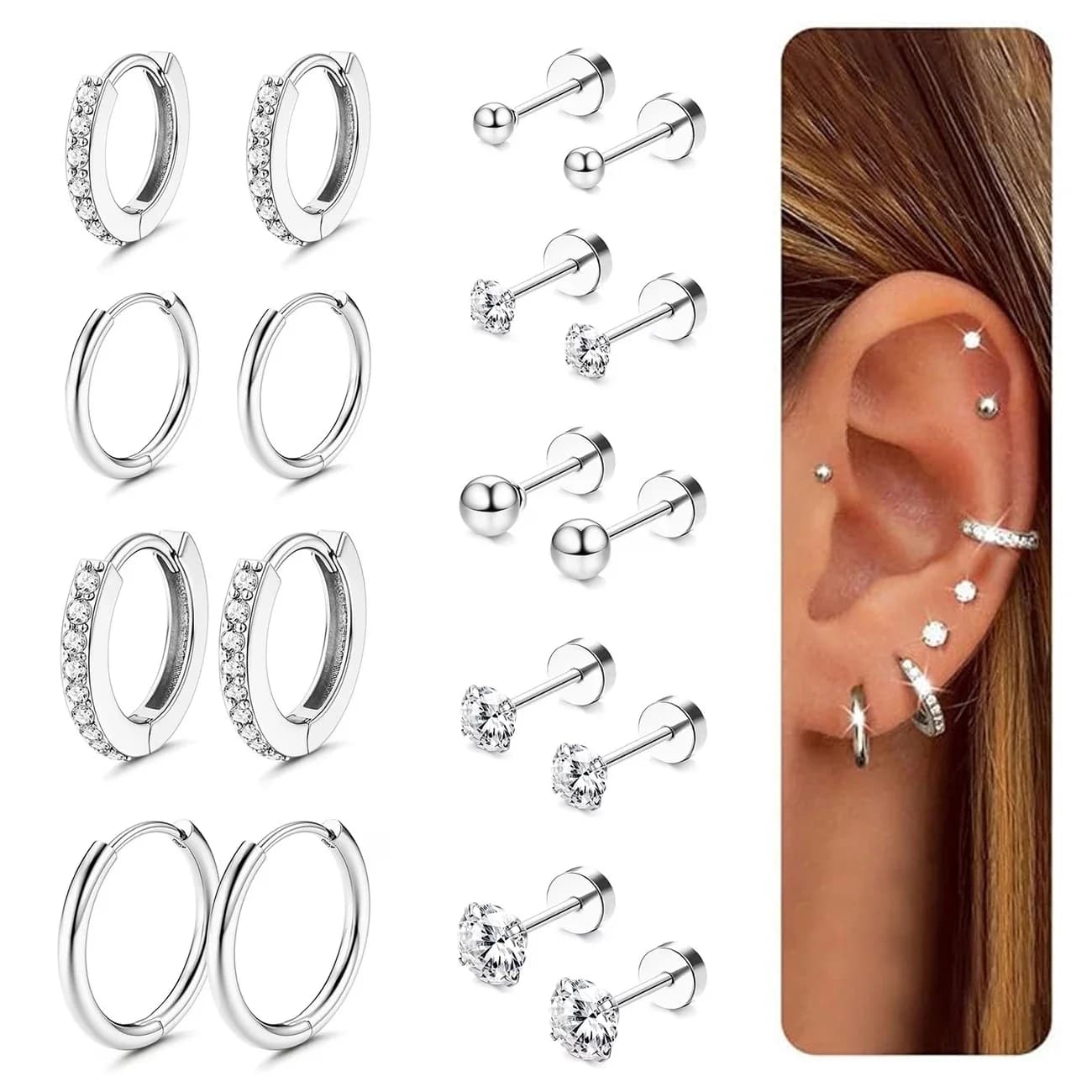 9 Pairs Flat Back Earrings Stud for Women Men Hypoallergenic Stainless Steel Trendy Cartilage Earrings Set Hoop Earrings