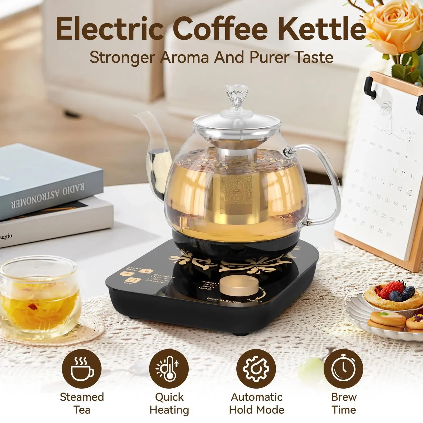 800 W Glass Tea Electric Kettle with 8 Modes Steam Cooking Temperature Control Borosilicate Glass for Lean Tea Black