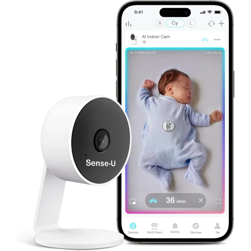 Monitor per telecamera per bambini Sense-U AI con rilevamento del movimento respiratorio del sonno senza sensori, videocamera interna di sicurezza intelligente con retro