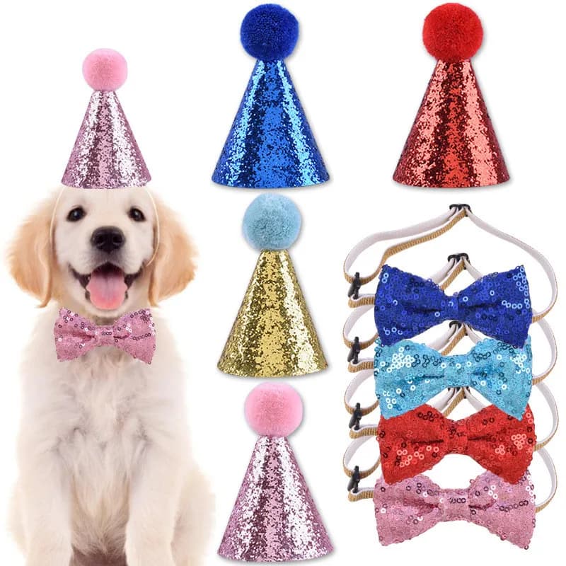 Cappellini di Compleanno per Animali Domestici con Fiocco, Accessori per Costume di Cani e Gatti, Cappello con Paillettes, Decorazione per Feste Natalizie