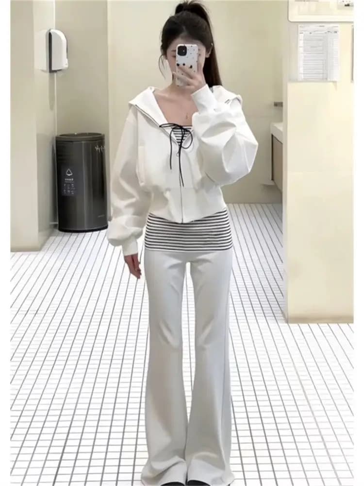 Korean Style Anti-Aging Three-Piece Set Women's Hoodie Inner Vest Flared Pants Unique Personality Trendy Fashion Ensemble