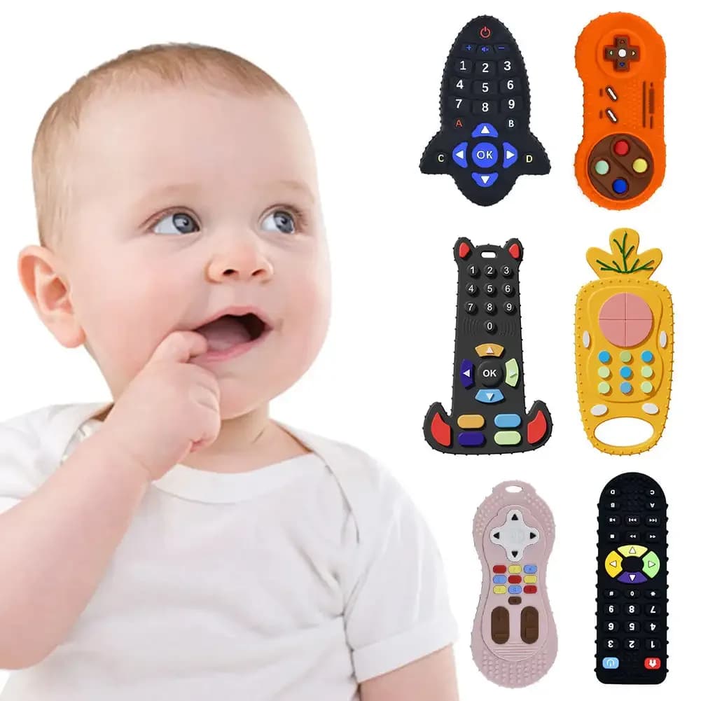 Giocattoli per massaggiagengive in silicone per bambini Forma di telecomando Massaggiagengive Roditore Gomma Sollievo dal dolore Giocattolo per la dentizione Assistenza sanitaria educativa sensoriale per bambini