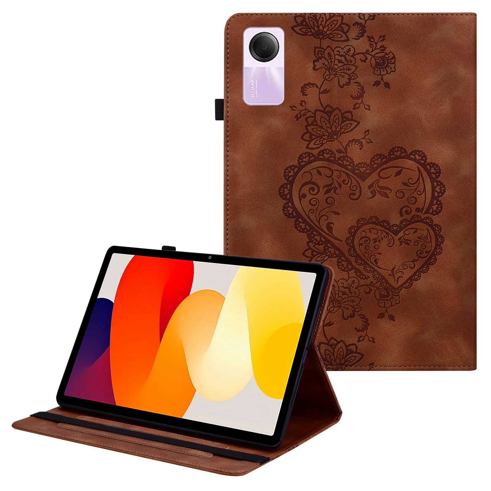 For Xiaomi Redmi Pad SE Leather Case Heart Imprint Foldable Stand Card Slot Stylus Holder Tablet Cover - Brown