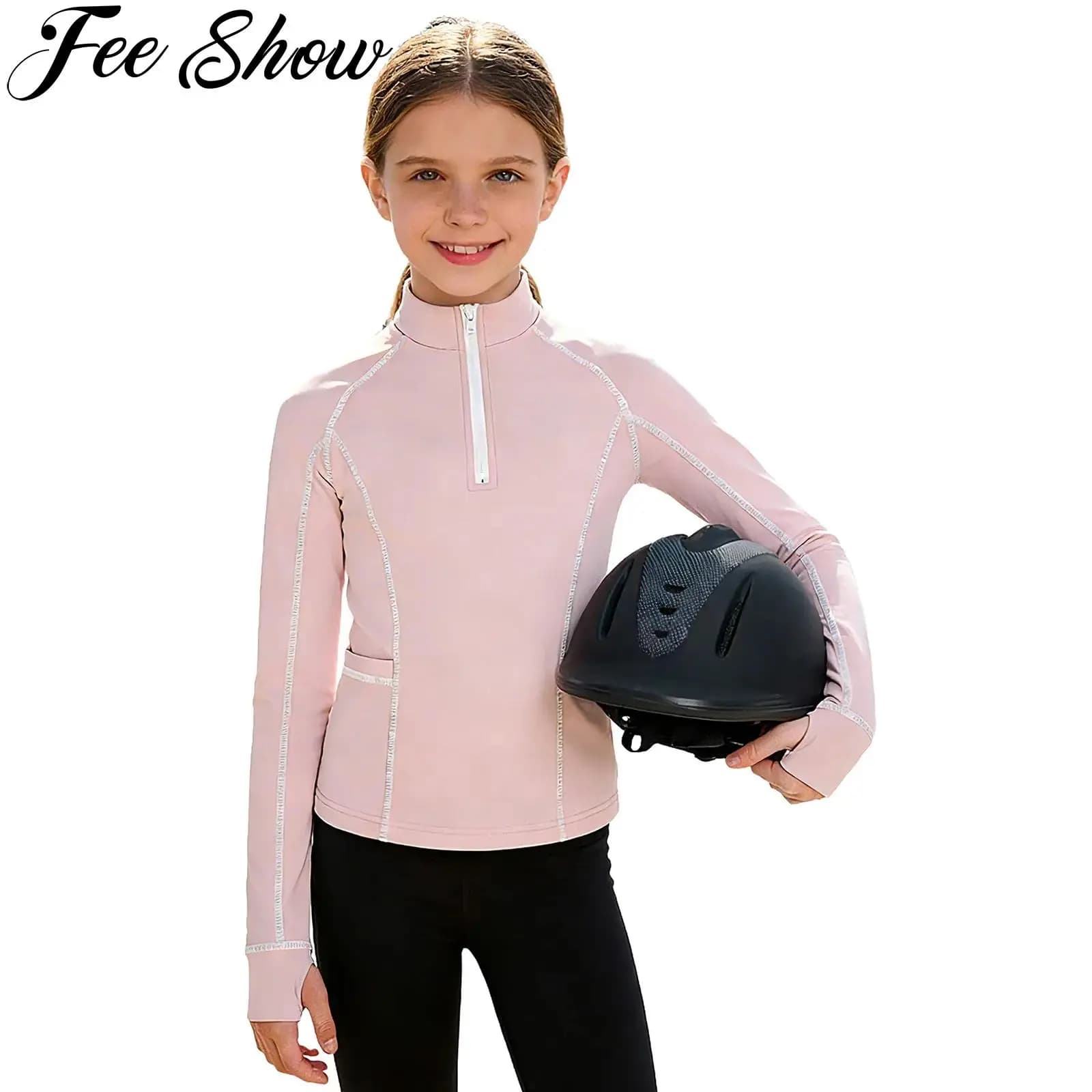 Giacca sportiva per bambine, maglietta a maniche lunghe con mezza zip e tasche per pattinaggio su ghiaccio, ginnastica, yoga, allenamento e sport
