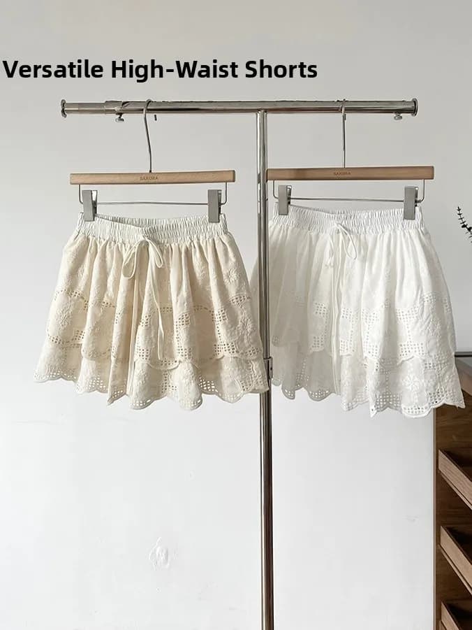 Romantic Lace Hollow out A-Line Skirt Women's High Waist Slimming Belted Cake Skirt Short Skirt French Style Polyester F...