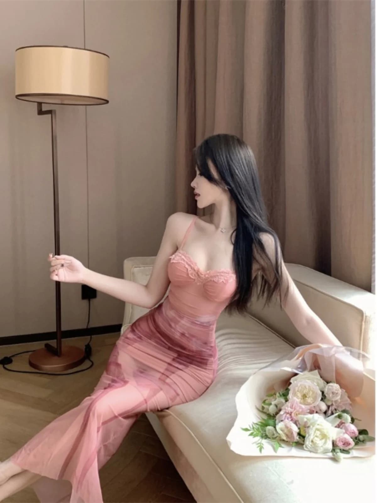 Summer New Style Spicy Girl Lace Splice Strapless Dress Women Pure Desire Mesh Print Slim Fit Long Skirt V-neck Backless Dress