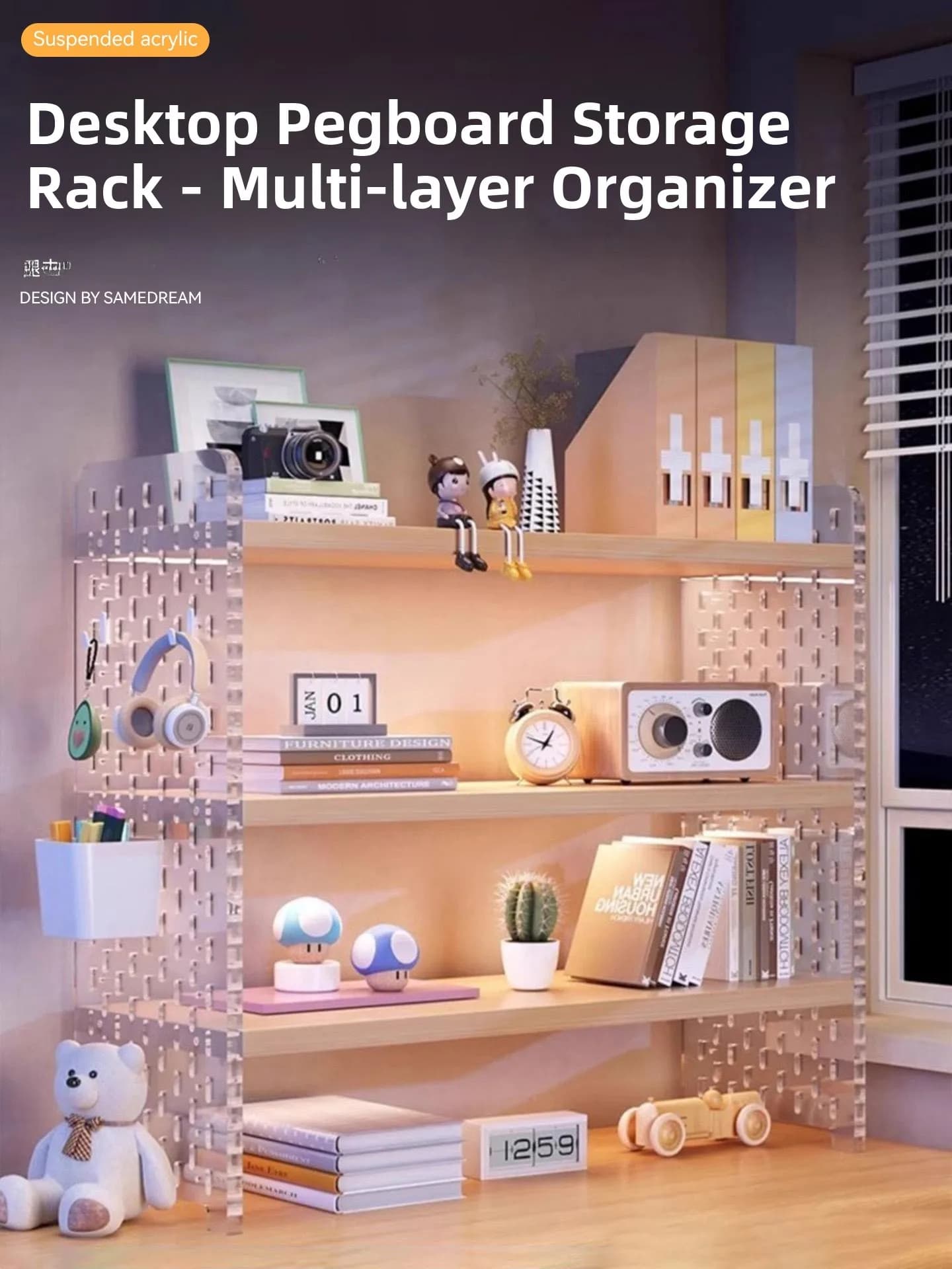 Organizer da Scrivania in Acrilico, Scaffale Multi-Strato con Pannello Forato, Porta Libri e Supporto per l'Organizzazione della Superficie del Tavolo, Creativo per Casa e Ufficio