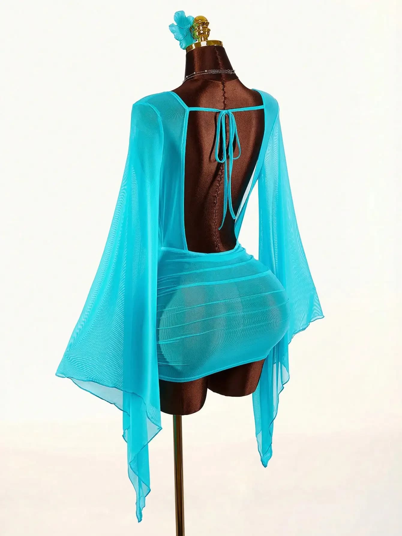 Women's Long Sleeve Plunging Neck Cover-Up Skirt, Sexy Avant-Garde Sheer Swimsuit Cover-Up Mini Dress, Cute Backless Sheer Outfit Suitable For Vacation, Spring/Summer Cover Ups For Swimwear