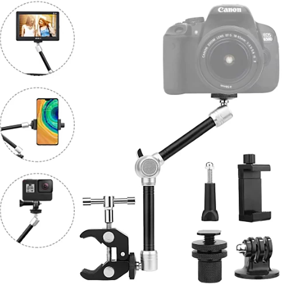 confezione da 11" Braccio magico regolabile con attrito articolato robusto con kit di morsetti per treppiede, fotocamera, clip per telefono e morsetto per braccio magico