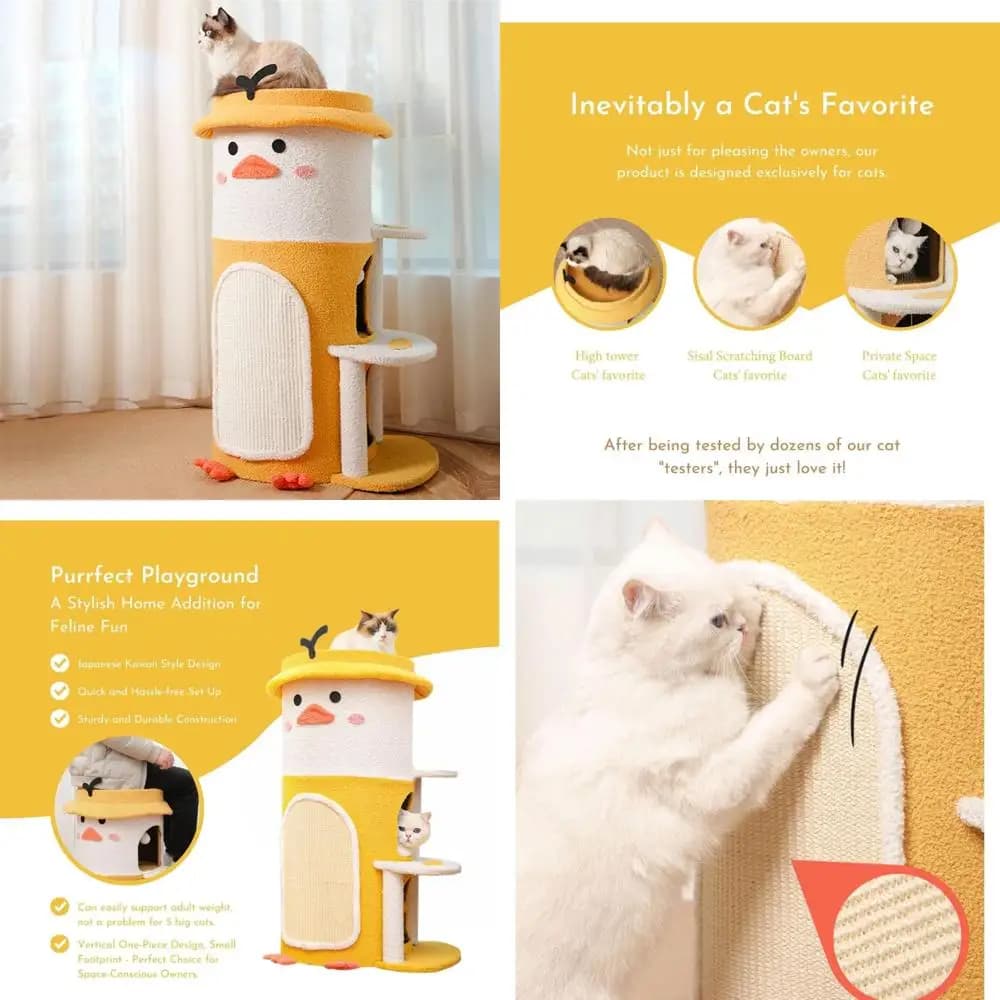 Albero e casa per gatti multifunzionali a tema anatra gialla per gatti fino a 75 kg - Castello per gatti di facile montaggio con design carino