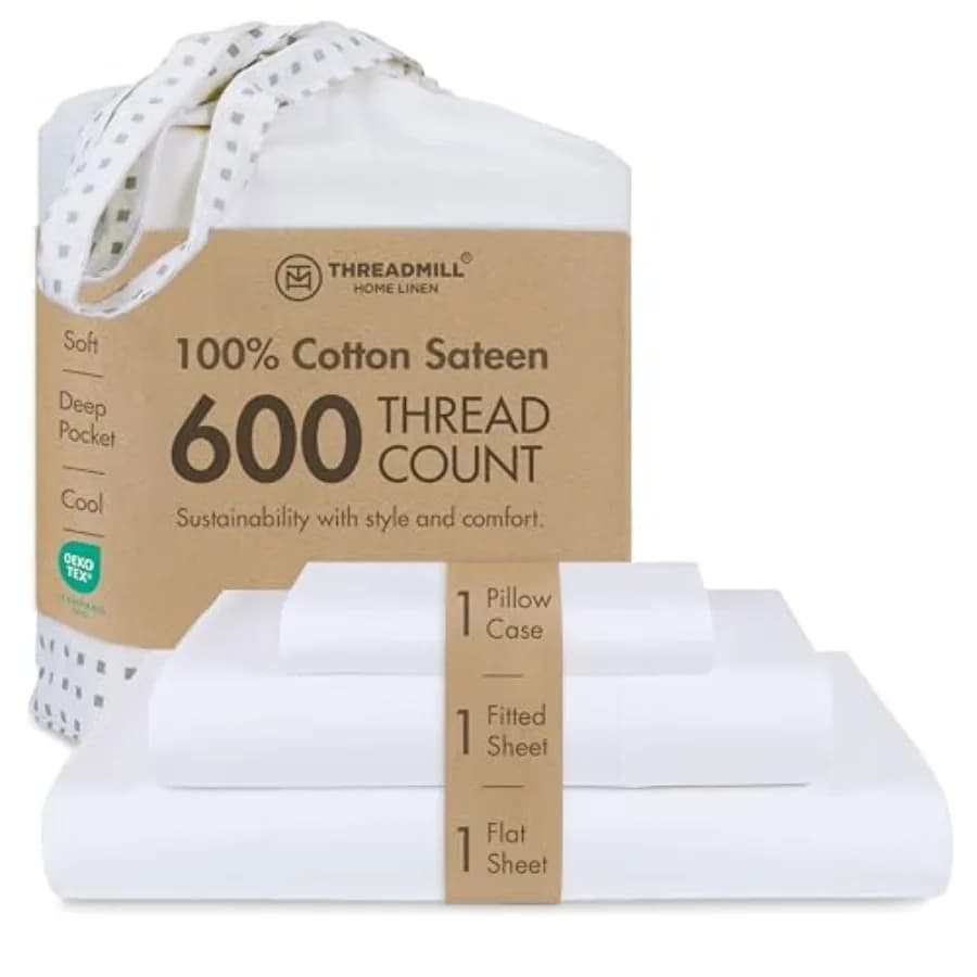 100% Cotton Sheets for XL Size Bed - 600 Thread Count XL Bed Sheets Set with 15" Deep Pocket - Sateen Weave 3-Piece Bedding Set