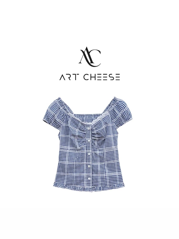 Artists Gallery Sweet Style Short Sleeve Shirt Women's Checkered Lace Top Cheese Brand Regular Fit V-Neck Chinese Manufacturer