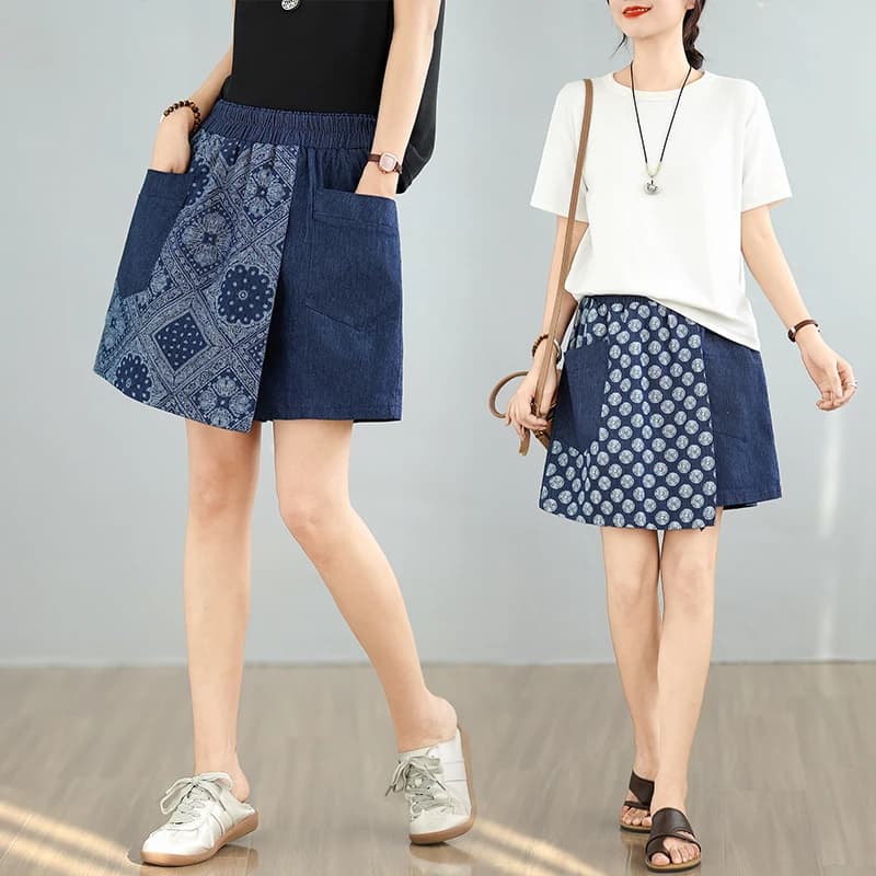 Shorts in denim da donna taglie forti, nuovo stile estivo, a gamba larga, vita elasticizzata, blu, casual, a vita alta, con gonna finta a due pezzi