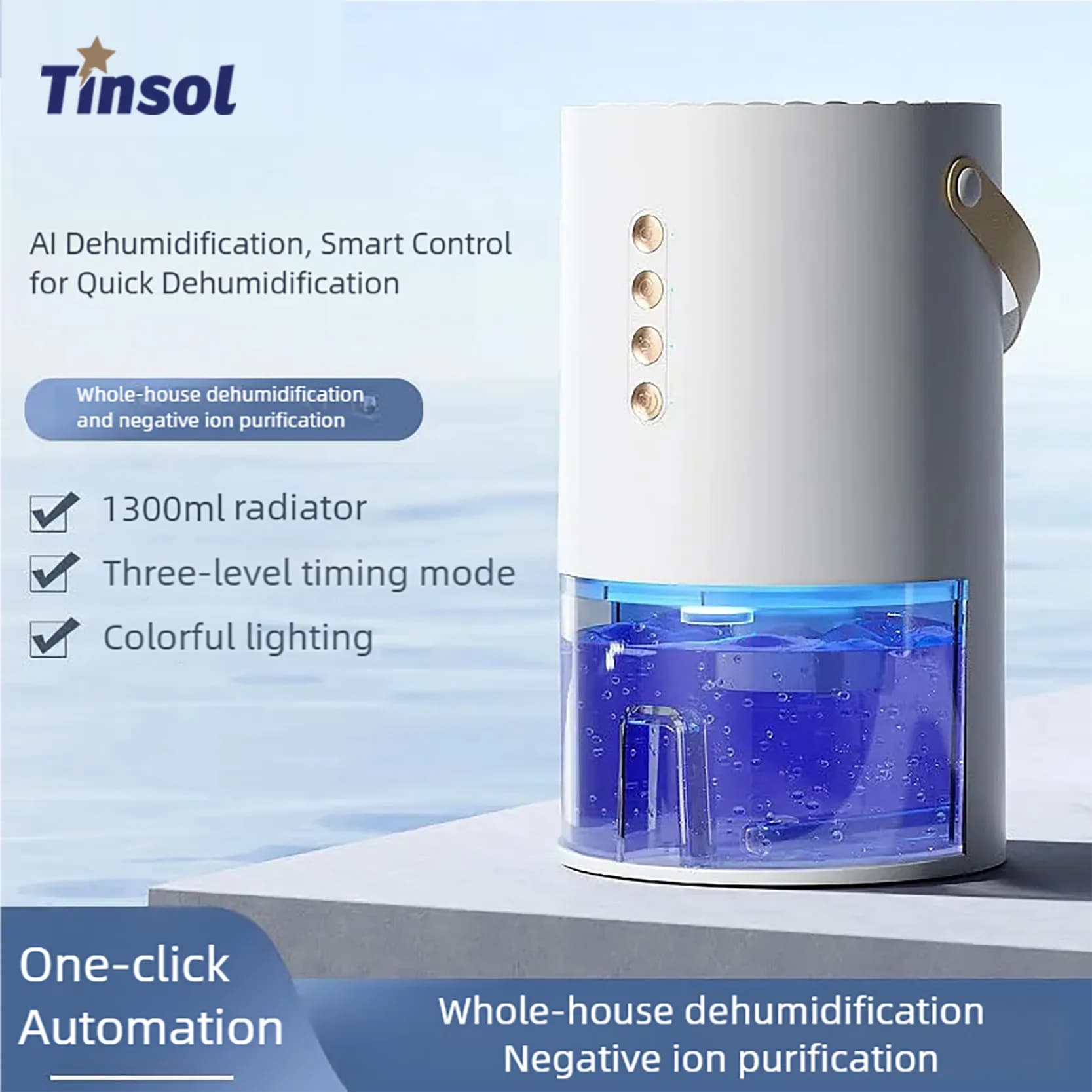TINSOL Nuovo deumidificatore a ioni negativi per casa e ufficio da 1300 ml, deumidificatore portatile anti-muffa e umidità a risparmio energetico