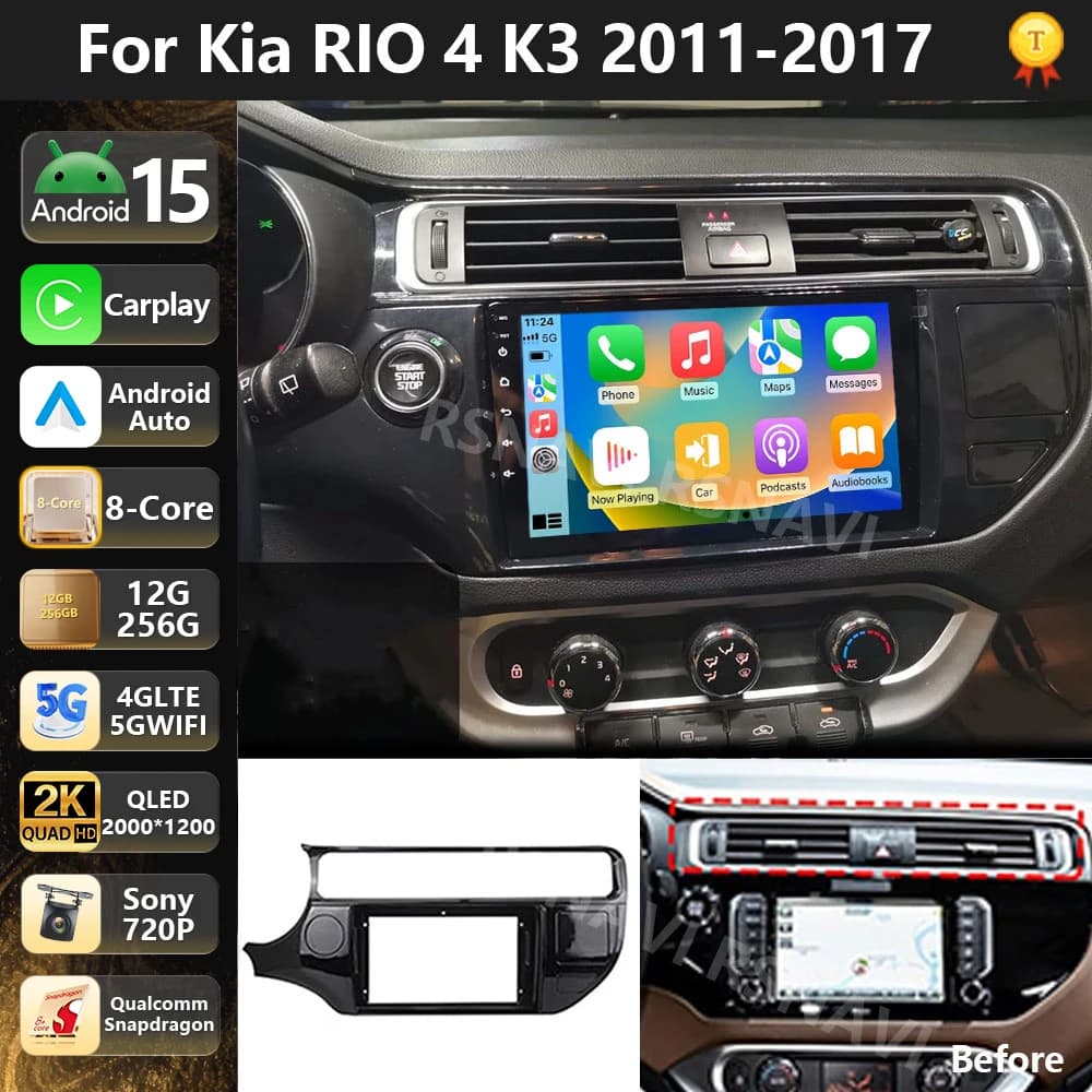 Autoradio multimediale Qualcomm Android 15 per Kia RIO 4 K3 2011-2017, Carplay wireless automatico, 2 Din, stereo per auto, wifi+4G, GPS