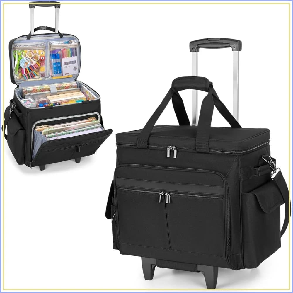 Rolling Scrapbook Tote with Expandable File Pocket, Large Craft Organizer, Detachable Trolley for Art Supplies
