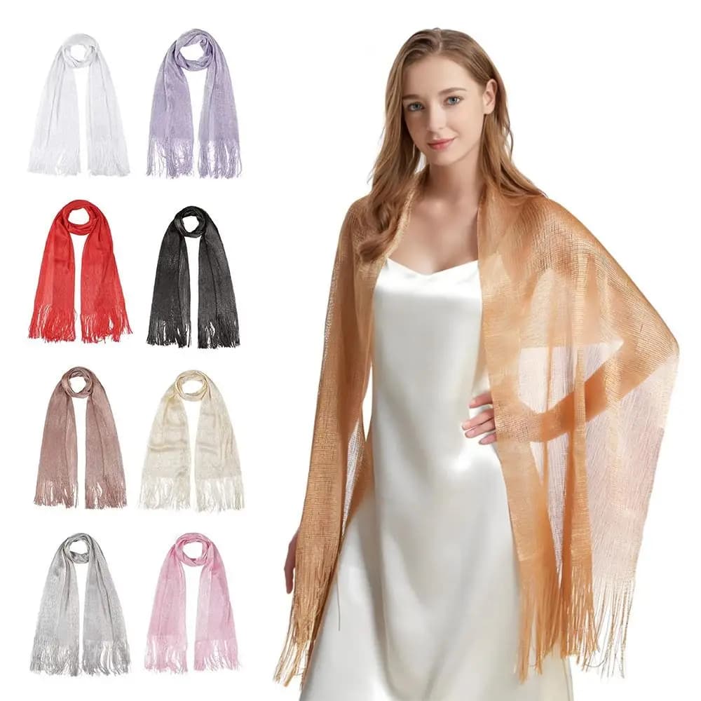 Sciarpa in Seta Sottile con Nappe in Pizzo e Protezione Solare, Scialle Luminoso Traforato, Copricollo alla Moda, Scaldacollo per Serate ed Eventi Nuziali