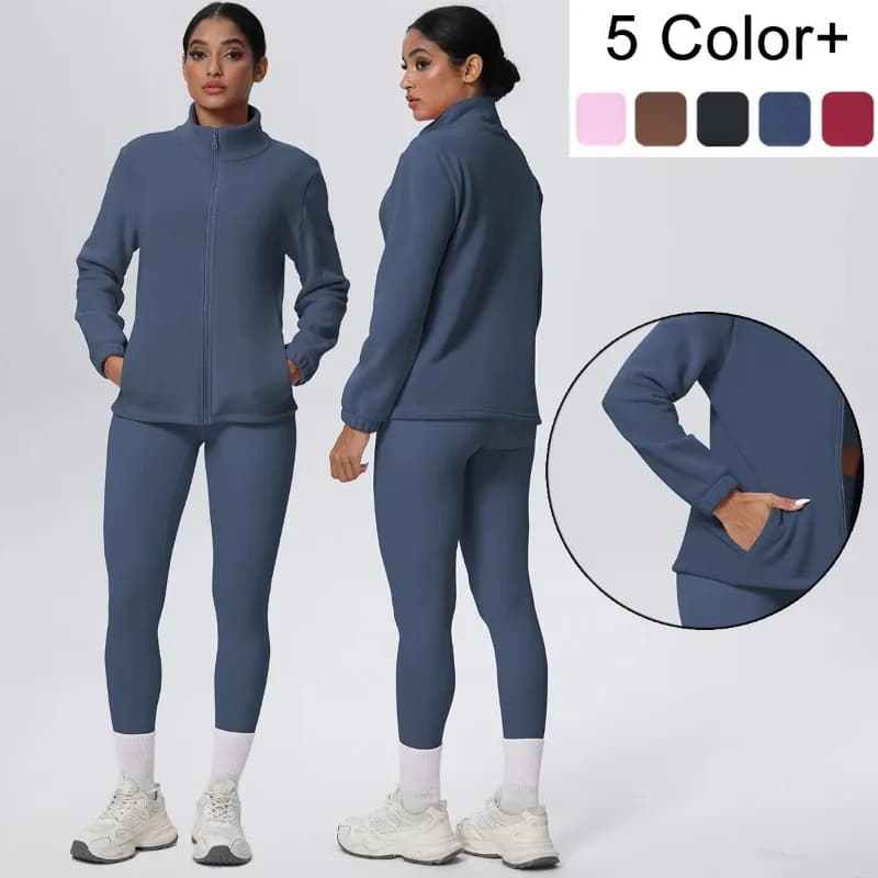 Set da yoga 2 pezzi in tinta unita, abbigliamento sportivo fitness, giacca con zip in velluto a collo alto per mantenere il calore, leggings push-up.