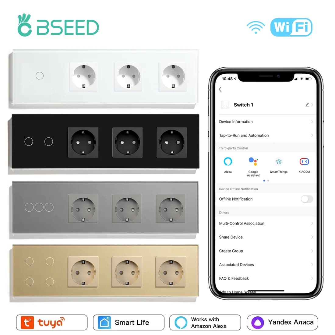 BSEED Wifi 1/2/3/4Gang Touch Light Switches Tuya Smart Life App Control Plus Triple Normal Sockets EU Standard Glass Panels