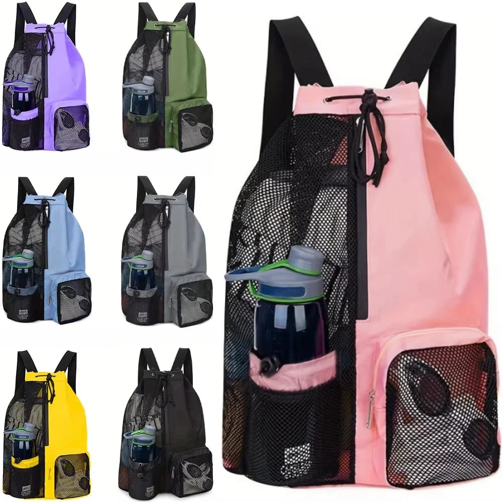 Zaino in rete, borsa da nuoto con coulisse, zaino con tasca bagnata, zaino da spiaggia, borsa da pesca all'aperto