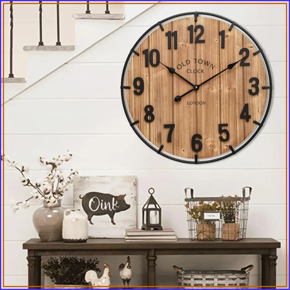 Orologio da Parete Rustico Stile Fattoria 24 Pollici, Silenzioso a Batteria, Numeri Grandi, in Legno e Metallo, per Soggiorno, Cucina, Ufficio