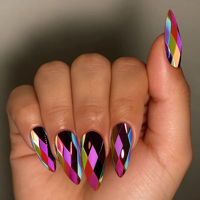 24pcs nail art 3D diamond plating metal design long almond shape protective coating