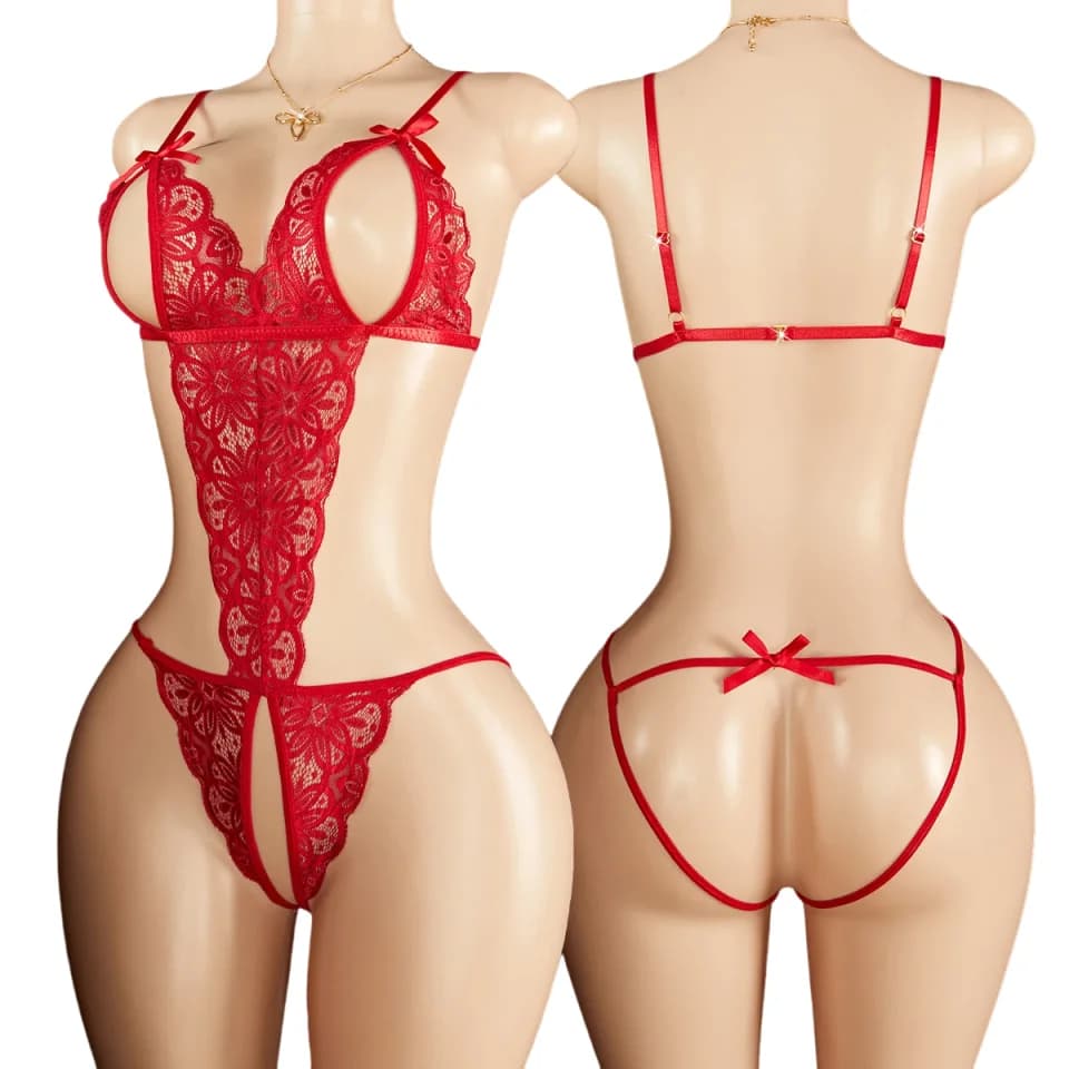 Women Erotic Crotchless Bodysuit Deep V Open Bra Lace Teddy Lingerie Set Hollow Sexy Costumes Plus Size Underwear Outfit