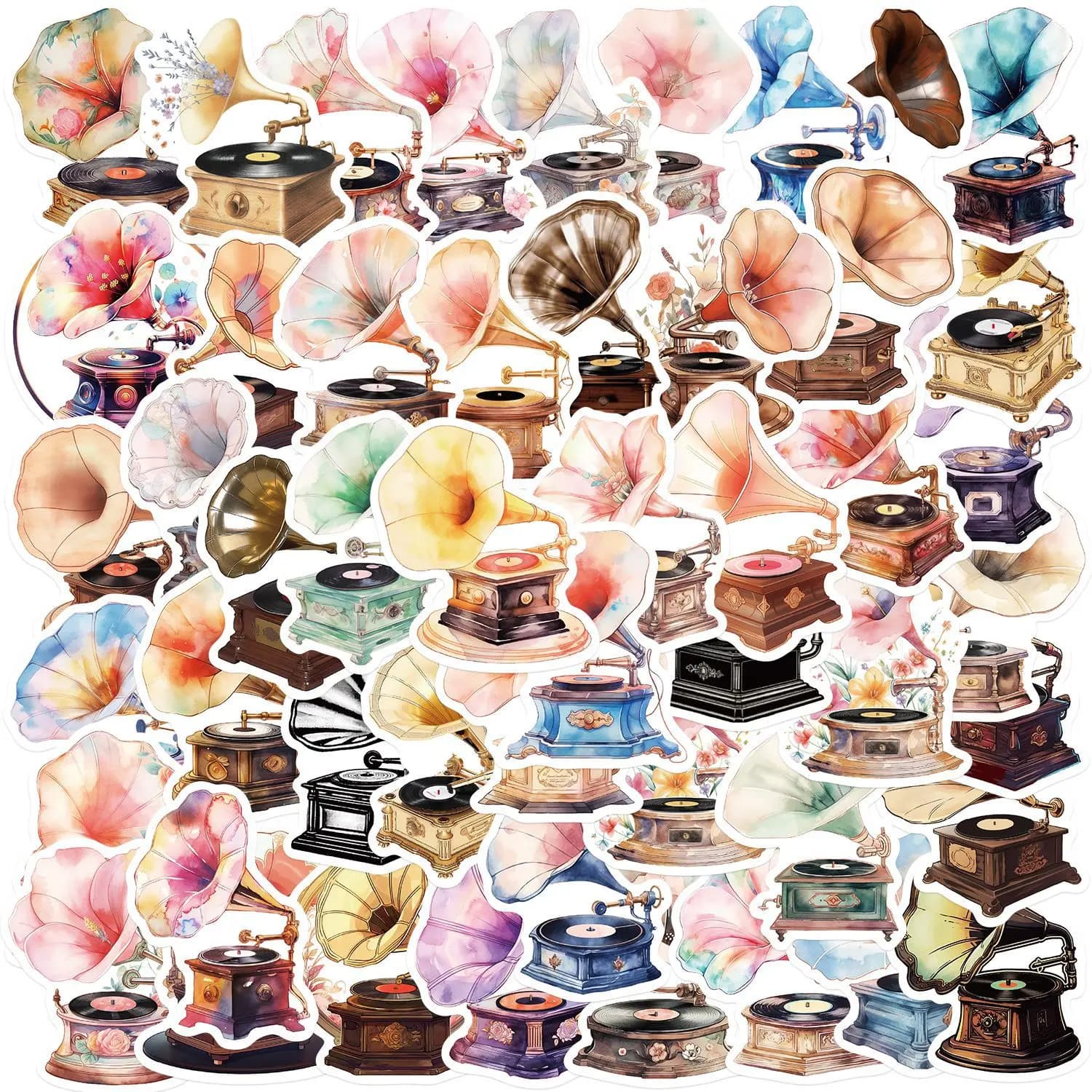 50/100PCS Cartoon Phonograph Stickers Decorative Guitar Notebook Luggage DIY Waterproof Stickers