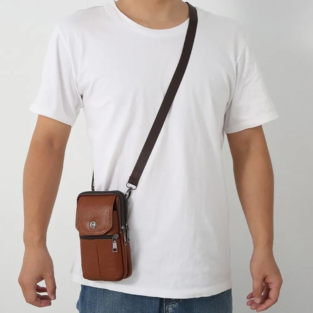 Fashionable cowhide leather shoulder bag, multi pocket, solid color, cell phone case, small men's wallet
