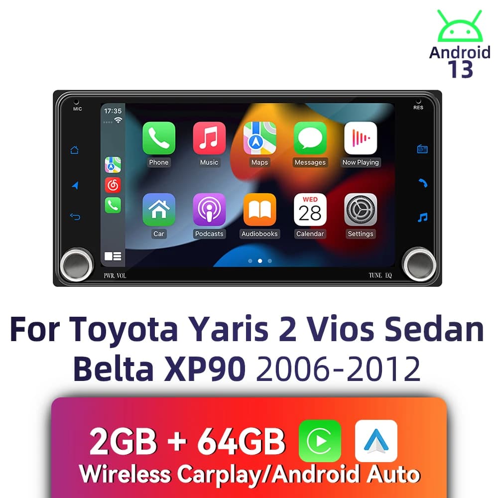 2Din Android Radio 7 "Schermo Wireless Carplay Autoradio Multimediale per Toyota Yaris 2 Vios Berlina Belta XP90 2006-2012 Stereo