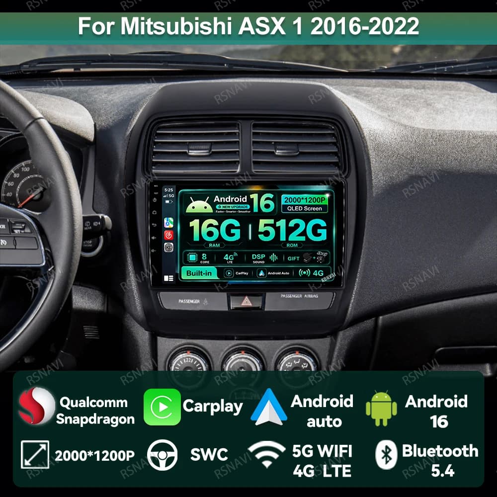 Android 16 Car Radio For Mitsubishi ASX 1 2016-2022 WIFI+ 4G LTE 8 Core Autoradio Stereo IPS Head Unit AI Voice Systems Qualcomm