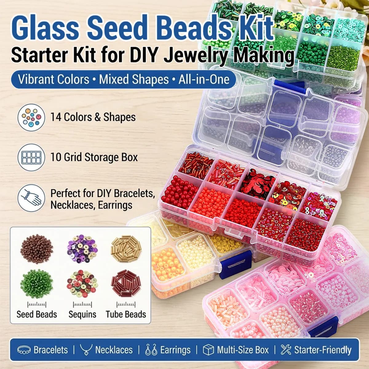 Kit di perline di vetro seed beads paillettes perline tubolari scatola a 10 scomparti 14 colori kit iniziale per fai da te bracciali collane orecchini creazione gioielli