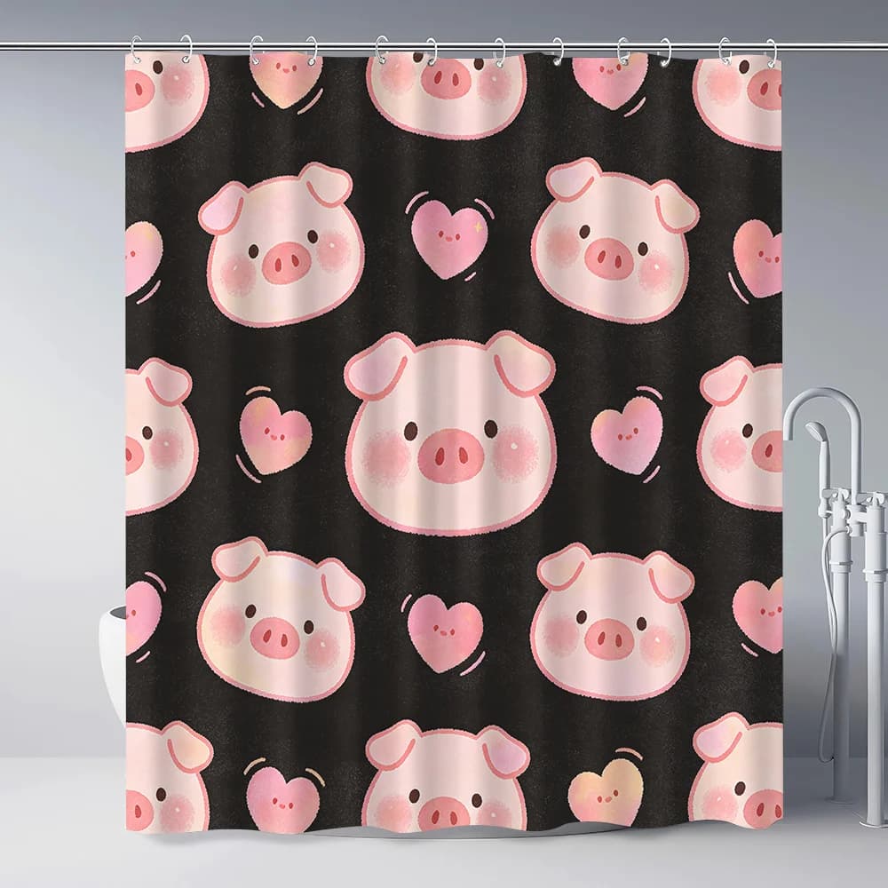 A Pink Pig-Shaped Heart Pattern Shower Curtain with 12 Hooks, Suitable for Window And Wall Decoration in Bathrooms And Homes. Av