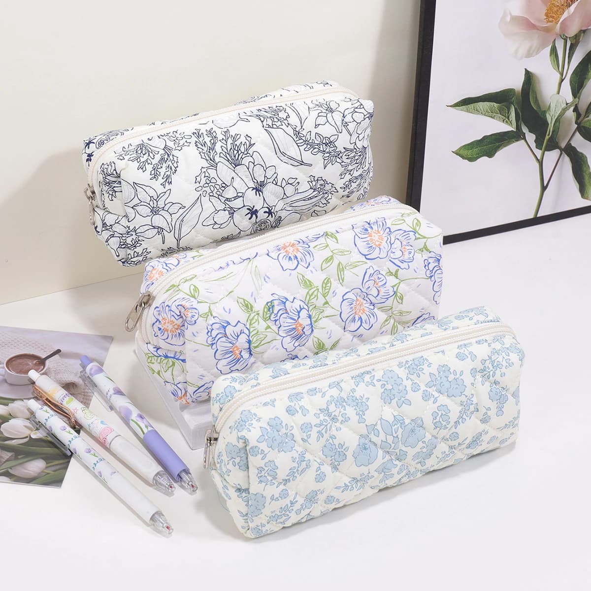 Floral Pencil Case Quilted Fabric Zipper Pouch Large Capacity Stationery Pen Organizer Bag For Teen Person School Travel Use