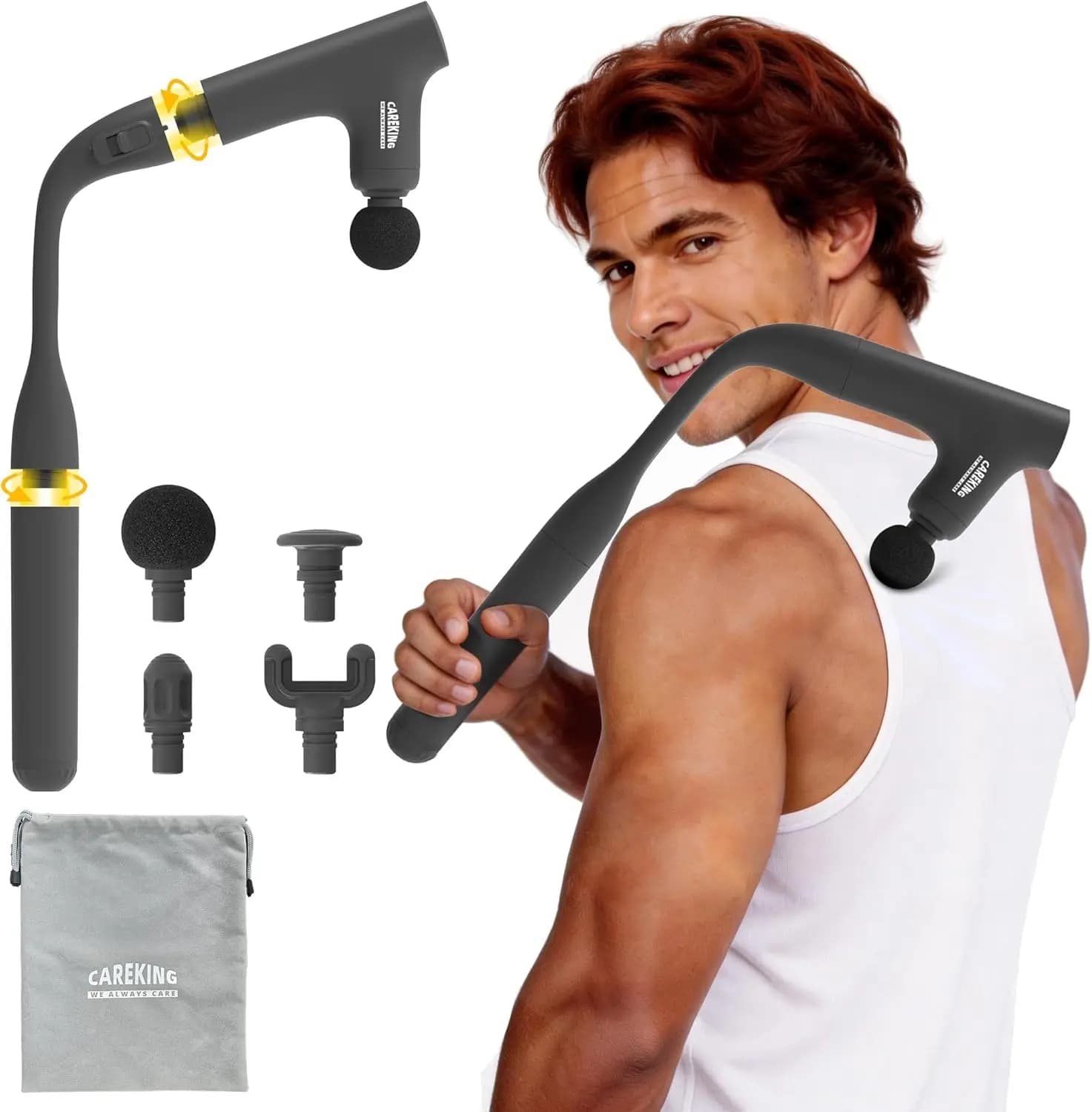 Pistola Massaggiante 3-in-1 per Alleviare il Dolore alla Schiena, Massaggiatore Portatile a Percussione Profonda con Manico Esteso per Palestra/Ufficio/Casa