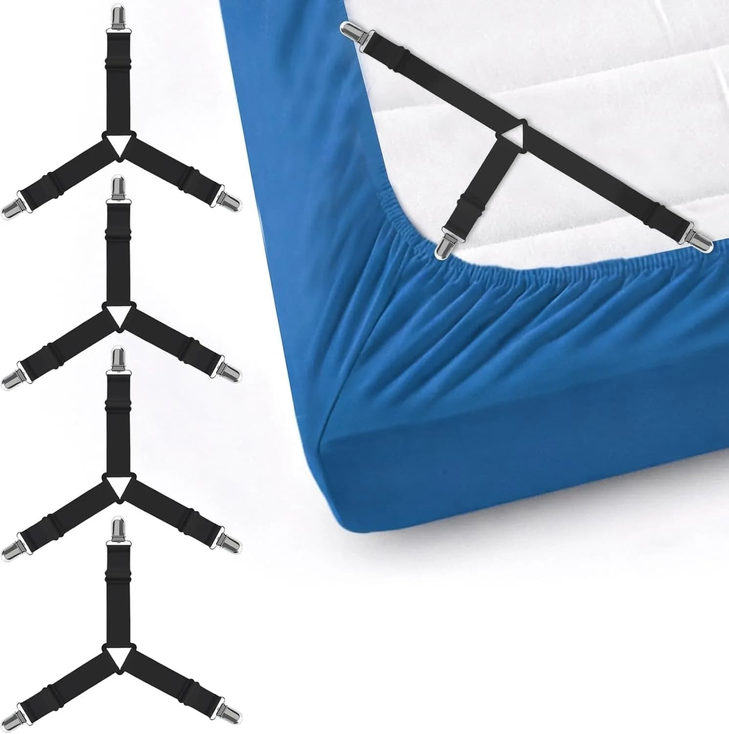 Bed Sheet Corner Holder Straps Set of 4 Black Triangle Elastic Mattress Suspenders, Adjustable Fastener Clips for Fitted Bed Sheets, Mattress Pads & Protectors