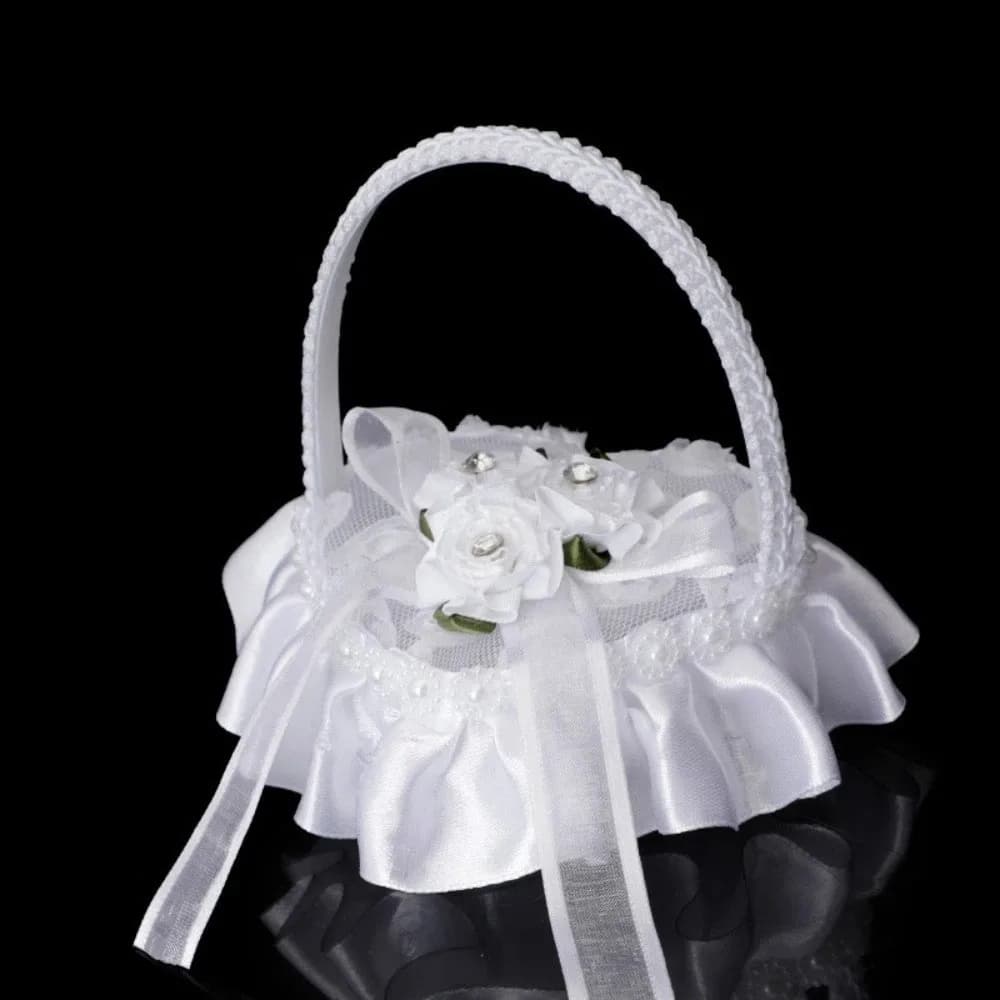Scatola per Anelli a Forma di Cuore in Pizzo Bianco con Fiocco in Raso, Mini Cuscino Porta Anelli con Manico per Matrimonio