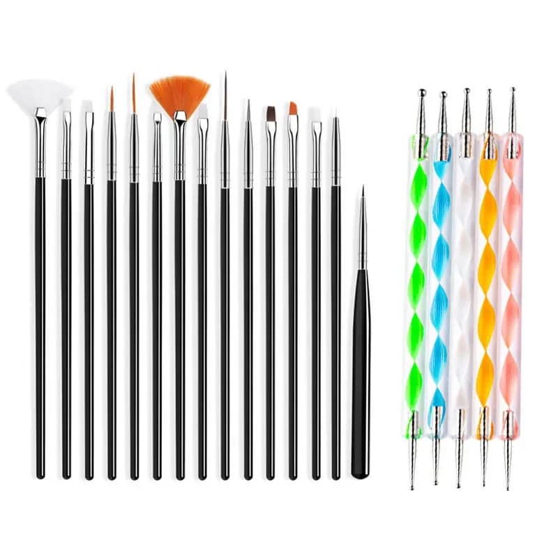 Pennello nero per nail art Kit penna per pittura, punteggiatura e dischetti con strass a doppia punta e pennello in plastica
