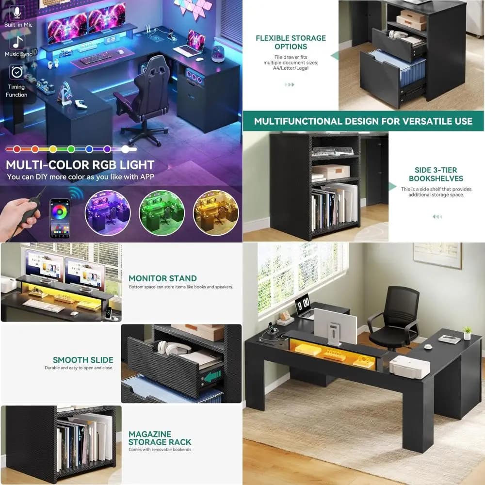 Ergonomic desk with socket, LED, Drawers, Monitor support and 5 shelves, Black Carbon Fiber