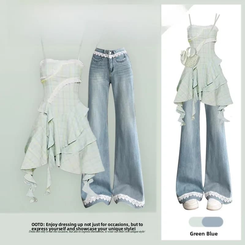 Summer Elegance Women's Korean Style Dopaamine Design Halter Dress Lace Patchwork Jeans Two-Piece Set Fashionable Outfit