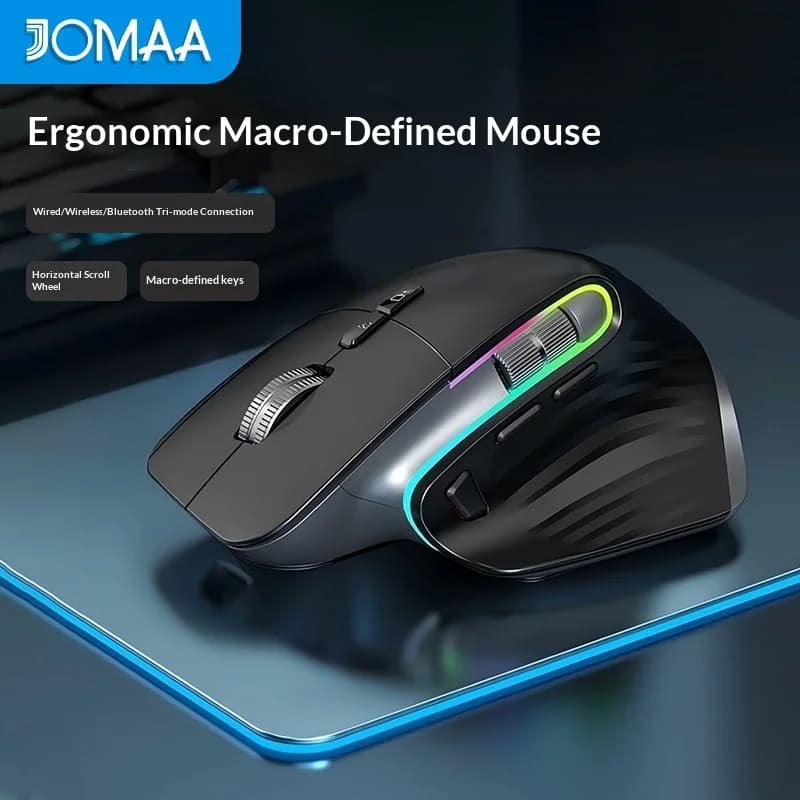 Mouse da gioco ergonomico JOMAA, tri-modale, cablato, wireless, Bluetooth, ricaricabile, silenzioso, programmabile con macro, per ufficio, desktop, laptop