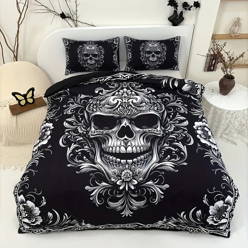 Set copripiumino gotico barocco Victoria con teschio dal design in bianco e nero per il dormitorio di casa Stampa ad alta definizione Queen King Size